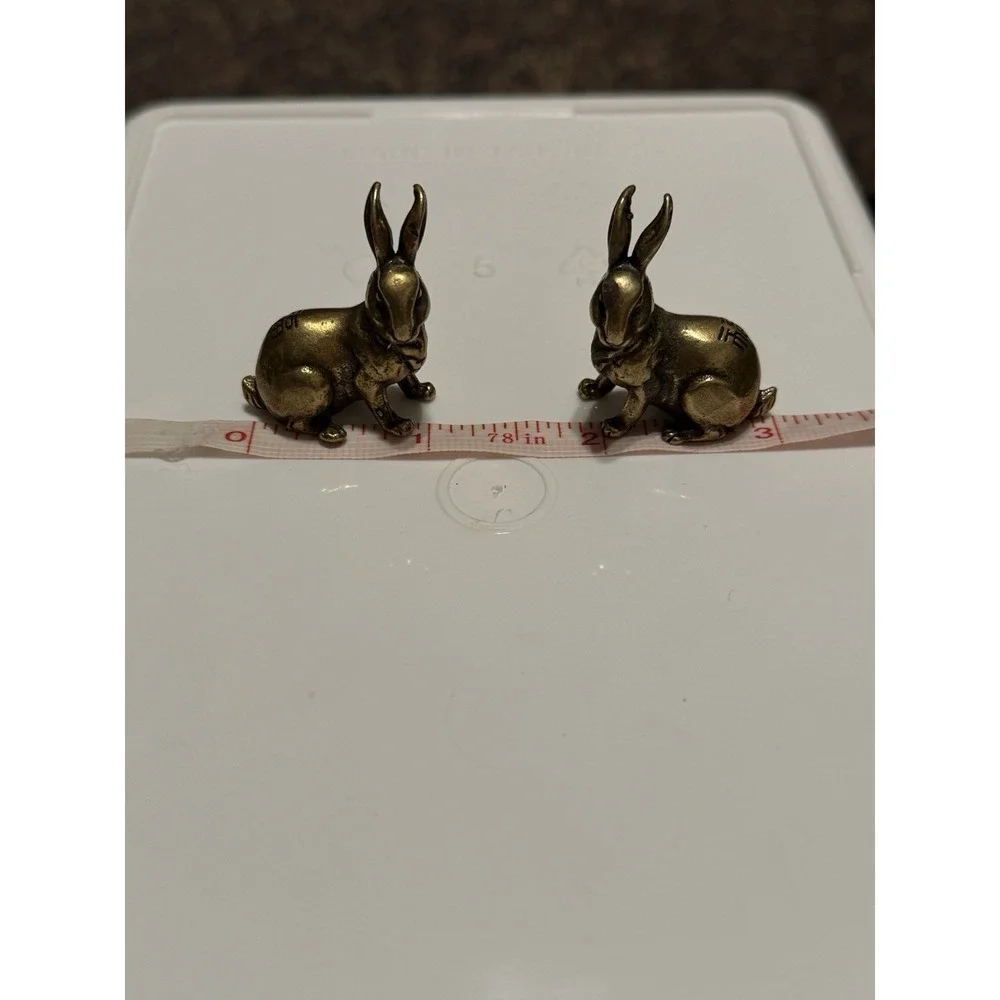 Pair Of Vintage Small Cast Brass Oriental Lucky Rabbit‎ Hares  Trinket Figurine